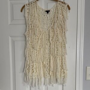 Coco + Carmen White Open Crochet Fringe Vest